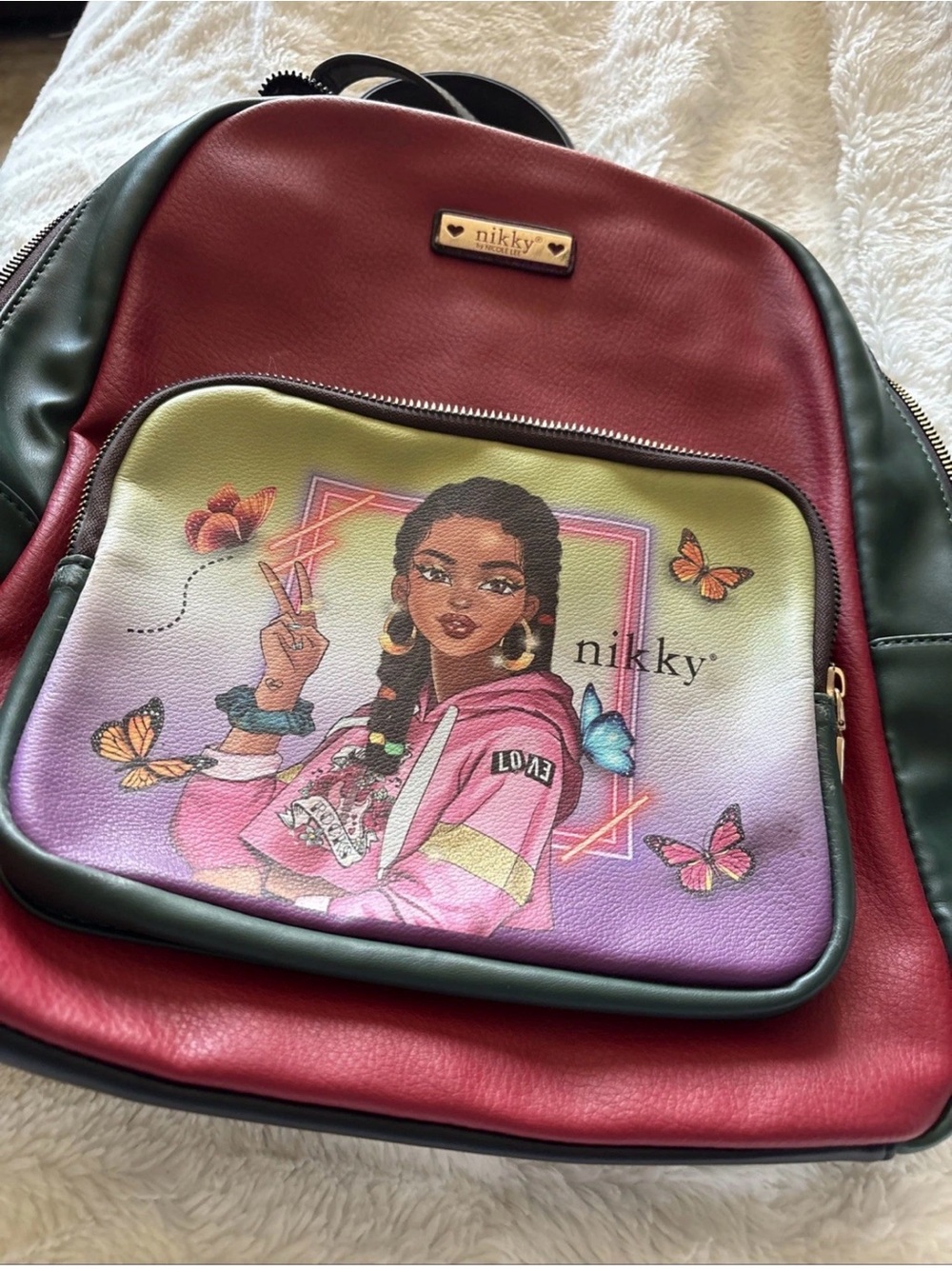 Nicole Miller Red and Green Illustrated Girls' Backpack with Pink Accent